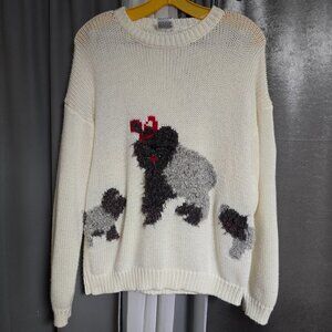 Vintage 90s Dog Sweater Fuzzy Knit Crewneck Medium White Red Poodle Holiday